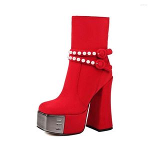 Stiefel Damen Punk Metall Zehen Design Chunky Heels Coole Plattform Rot Schwarz Knöchel Mode Perle Niete Damenschuhe Chic