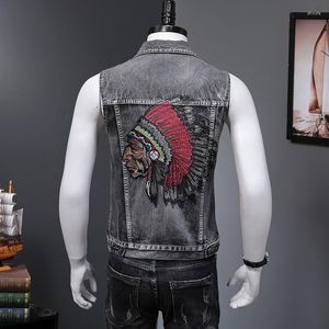 Men's Vests High Quality Biker Mens Black Denim Motorcycle Vest Embroidery Patch Cowboy Waistcoat Casual Outwear Cotton Sleevless Jean Jacke