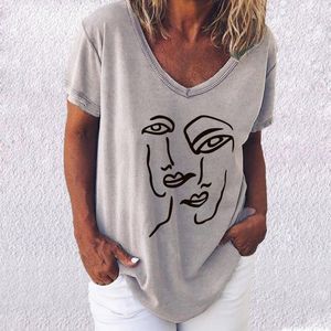 Women's T Shirts 40# Plus Size Face Print Blouse Loose V-neck Tops Tee Summer Casual Ladies Female Women Short Sleeve Blusas Pullover