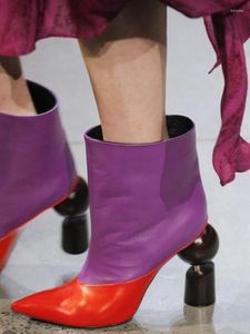 Bot kış deri yüksek topuk moda sivri uçlu kadın ayakkabıları garip kısa seksi podyum slip-on single