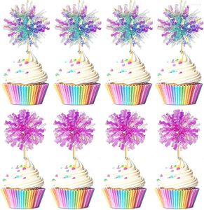 Suprimentos festivos 24pcs Toppers de bolo Ridescent Takemay Sparkle Blue e Purple Foil Firework for Party Birthday Wedding Cerimony