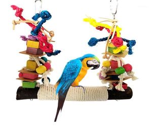 Andra fågelförsörjningar Pet Parrot tugga leksaks abborre färgstarka träbyggnadsblock bomullslep Big Conure Swing for Birds8706429