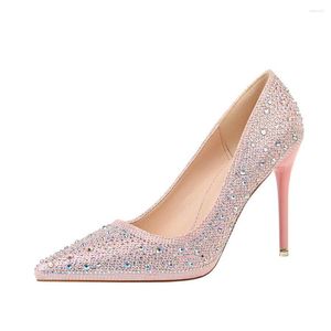 Kleidschuhe Mode Bankett Damen Dünne Ferse Flacher Mund Spitz Sexy Diamant Farbe Hohe Single