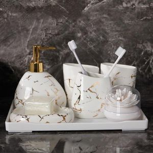 Set di accessori da bagno 6/7 pezzi Ceramica in marmo dorato Accessori per il bagno Dispenser di sapone/Portaspazzolino/Bicchiere/Portasapone Prodotti