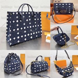 Onthego Denim Shopping Bag M59609 Дизайнерские женские туристические стволы с принтом Pochette Cowhide Кожаная ковша.