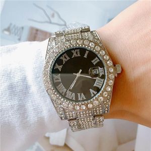 Full Diamond Iced Out Watch Hombres Moda Bling Relojes Movimiento de cuarzo de acero inoxidable Número de Roma Dial Male Sport Wristw2601