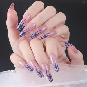 False Nails 2022 24PCS Blue Flames Fake Long Flat Head French Style Artificial Manicure Salon DIY Art Removable