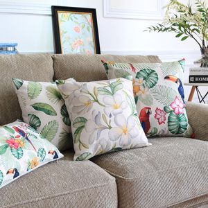 Pillow Cover Case Throw Decorative Covers Jungle Bird Floral Parrot Cotton Linen 45cm