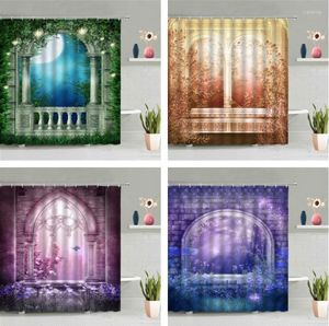 Shower Curtains Stone Arched Window Curtain Dream Garden Plant Flower Scenic Waterproof Bathroom Decor Wall Hanging Screen Set