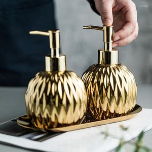 Bath Accessory Set 3pcs Luxury Golden Ceramics Liquid Soap Dispenser Shampoo Shower Bottle Stainless Steel Tray Bathroom Accessories