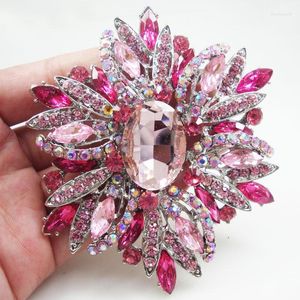 Broscher enorma brosch lyx rosa oval blomma kvinna stift strass kristall silver ton