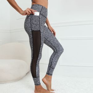 Kvinnors leggings yoga byxor design spot tryck skarvade mesh garn bodypants höga midjespårbyxor tätt montering skinkel lyft elastisk kraft fitness