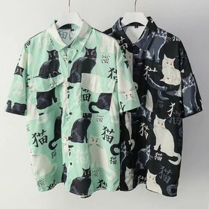 QNPQYX New Summer Mens Hawaiian Shirt 3D animal black cat Printed Short lapel Sleeve Big Size Hawaii Men Beach Floral Shirts