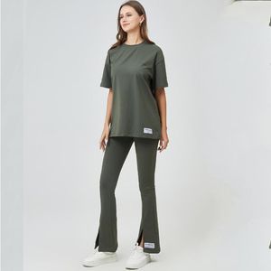 Женские брюки с двумя частями бренд oae Женский костюм для спортивной одежды йога Top Set Fashion Ladies Flored Front-Split футболка с коротким рукавом Runing Tro