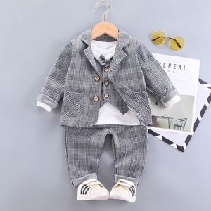 Wiosenne ubrania dziecięce krawat blezer formalny bawełniany dżentelmen Casual Boys Jackets T-shirt Spodnie 3pcs/sets niemowlę dzieci Cl 27