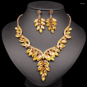 Necklace Earrings Set Fashion Luxury Dubai Gold Color Crystal Bridal Wedding Party Costume Jewellery Gift For Women