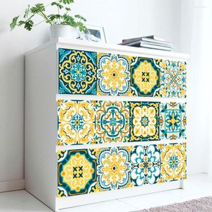 Wall Stickers Green & Yellow Floral Pattern Strip Tile Sticker Furniture Kitchen Bathroom Decoration Wallpaper Peel Stick Art Decals