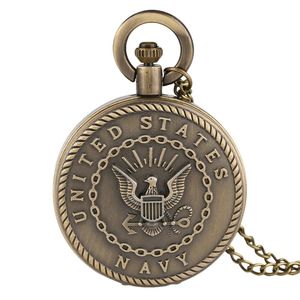 Vintage Bronze Retro United States Navy Badge Military Pocket Watch Quartz Analog Movement Watches for Men Women Necklace Chain314U