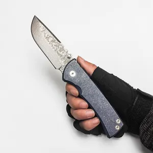 Chaves Redencion 228 Folding Knife Limited Custom Version Real Damascus Blade Blue Titanium Handle Pocket EDC Strong Outdoor Equipment Tactical Camping Tools