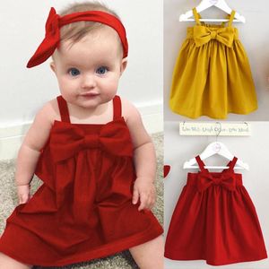 Flicka klänningar söta baby flickor sommar sundress bowknot short mini väst klänning småbarn barn bomull casual ärmlös outfit redwellowell