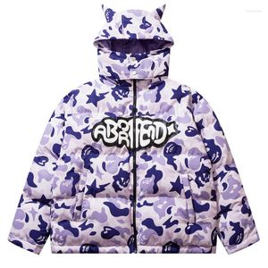 Men's Down Winter Removable Hood Jacket Parkas Streetwear Camouflage Devil Horn Thicken Warm Y2k Coats Harajuku Oversize Hip Hop