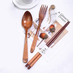 Zestawy naczyń obiadowych przybory przybory przybory zupa łyżeczka 3PCS/Set Catering Drewniany zestaw widelca Bamboo Kitchen