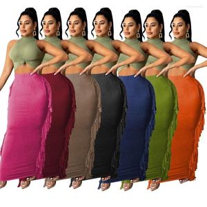 Skirts Side Tassel Women Maxi Skirt Elegant Unique Robe Skinny Hight Waist Stretchy Striped Penil Streetwear Style Female Clothes