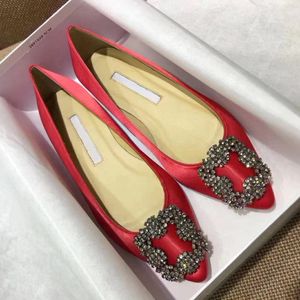 Designer Shoes Satin Metal Square Buckle Rhinestone Fashion Loafers Women's Wedding Rose Red Pointed Comfortable Shallow Mouth Casual Shoes Size 35-42