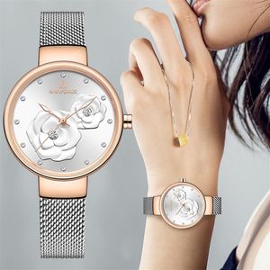 Mulheres assistem a Naviforce Top Luxury Brand Steel Mesh à prova d'água Relógios Flower quartzo Feminino Charming Girl Clock343o