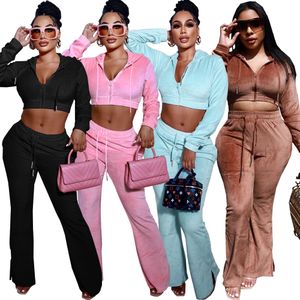 Designer Velvet Tracksuits Women Two Piece Sets Fall Winter Sweatsuits Long Sleeve Hooded Jacket And Flare Pants Casual Velour Sportswear Wholesale Clothes 8758