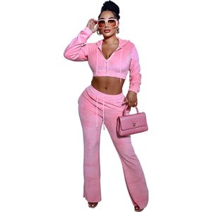 New Wholesale Velvet Tracksuits Women Two Piece Sets Fall Winter Clothes Sweatsuits Long Sleeve Hooded Jacket And Flare Pants Casual Velour Sportswear 8758