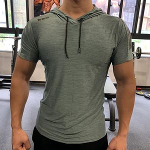 Yeşil Spor Salonu Spor Kapşonlu Tişört Fitness İnce Yüksek Elastikiyet Nefes Üretilebilir Hızlı Kuru Vücut Geliştirme Erkekler Tshirt Erkekler Tee Tops211z