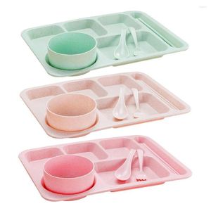 Flatvaruuppsättningar Dåliga plastfack Dividerad middagsplatta Lunch Container Tray for School Canteen Breakfast Kitchen Cutlery Set