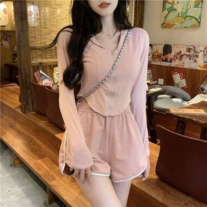 Women's Tracksuits Pink Hooded Women Slim Casual Sweatshirt Coat And Elastic Waist Shorts Two Pieces Set Summer Spring Tracksuit 2022