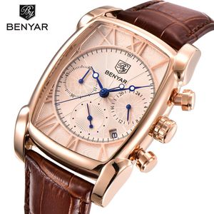 Benyar Luxury True Six-Pin Quartz Watch Classic Rectangle Case Sports Chronograph Men's Watches Rose Gold Erkek Kol Saati258g