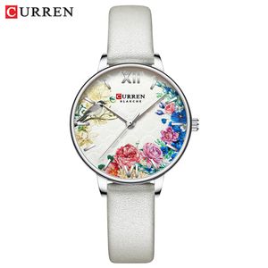 CURREN Weiße Lederuhr für Frauen Uhren Mode Blume Quarz Armbanduhr Weibliche Uhr Reloj Mujer Charms Damen Gift321S