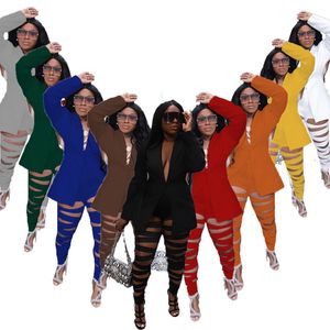 2024 Designer Women Tracksuits Two 2 Piece Pants Set Sexy Deep V Hollow Out Lady Suit Blazer and Ripped Trousers Solid Outdoor Outfits Wholesale Bulk kläder 8276