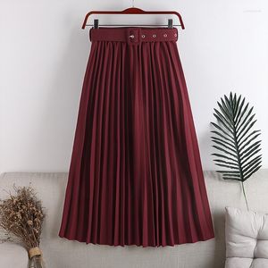 Skirts 2022 Fashion High Waist Women's Pleated With Belted Spring Summer Minimalism Elegant Office Female Mi-long