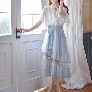 Skirts 2022 Summer Elegant Floral Fairy Long Length Loose Chiffon Skirt Casual Japanese Kawaii Bowknot Elastic Waist Women Cake