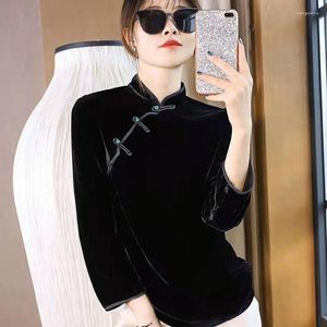 Abbigliamento etnico Top Cheongsam in velluto nero elegante Camicie cinesi orientali Manica lunga Stile streetwear asiatico Donna KK4461