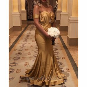 Gold Bridesmaid Dresses Mermaid Black Girls Sweetheart Off-The-Shoulder Satin South African Bridesmaid Dress