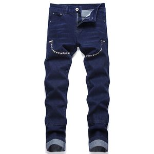 Autumn Punk Style Rivet Men's Jeans Blue Stitching Collage Slim-Fit Stretch Pants Spring Summer Casual Denim Trousers Pantalones Para Hombre Vaqueros