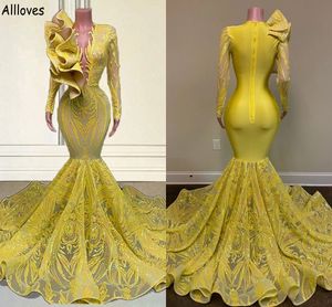 Gorgeous Yellow Sequined Lace Prom Dresses With Long Sleeves Sexy Plunging V Neck Formal Evening Party Gowns Mermaid Ruffles Aso Ebi Second Reception Dress CL1633