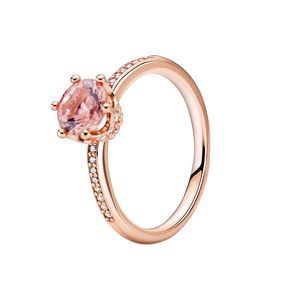 Rosa Sparkling Crown Solitaire Ring Rose Gold med originallåda för Pandora Autentic Sterling Silver Wedding Jewelry for Women Girls Engagement Rings Set