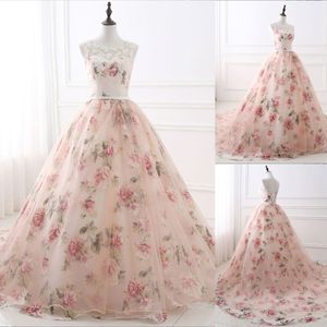 Elegant A-line Wedding Dresses Jewel Sleeveless Flowers Print Lace Up Backless Chapel Gown Dress Custom Made Plus Size Bridal Dress Vestidos De Novia