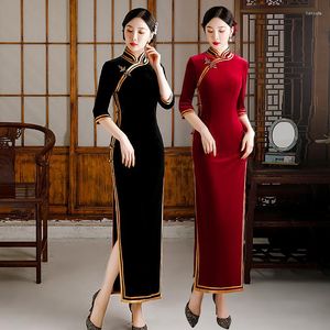 Etniska kläder Velor Women Slim Qipao Sexig Winter Softy Celebrity Party klänning Vintage Oriental Cheongsams High Split Chinese Classic Dress