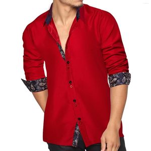 Men's Casual Shirts Men Shirt Long Sleeve Red Solid Blue Paisley Color Contrast Fashion Dress For Button-down Collar DiBanGu