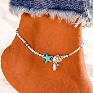 Anklets ZHONGVI Vintage Starfish Pendant For Women Beach Stone Beads Anklet Bohemian Ankle Bracelet On Leg Summer Foot Jewelry