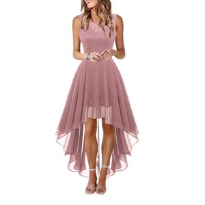 Women Party Dresses Sleeveless Floral Lace Hi-Lo Bridesmaid Dress Crew Neck Cocktail Formal Swing Dress
