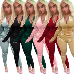 2024 Designer Fall Winter Velvet TrackSuits Women Ubrania swobodne solidne dwa 2 -częściowe spodnie ustawiają stroje kurtki spodnie z długim rękawem Femme Stupi Hurtowe 8555